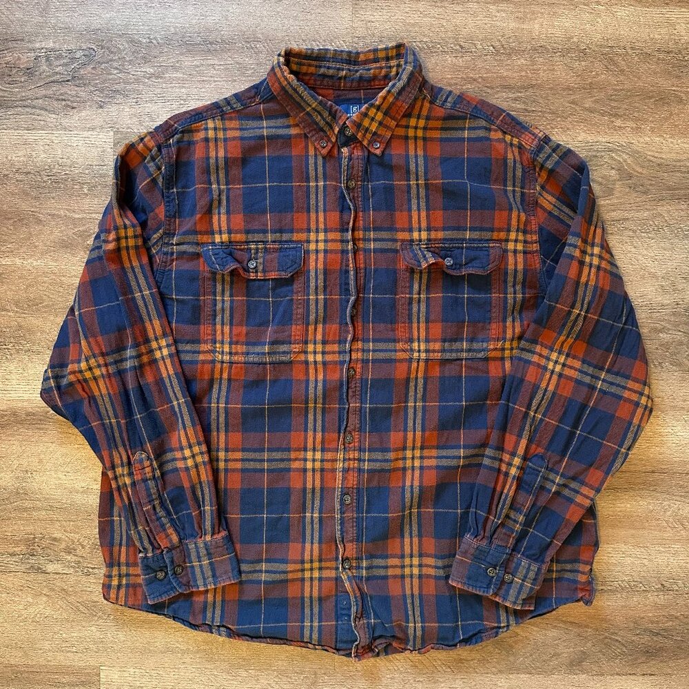 George Casual Button Down Mens 2XL Brown Blue Plaid Rugged Flannel Shirt
